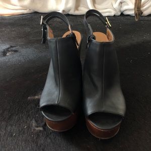 Peep toe faux leather wedges